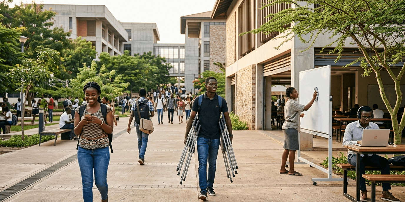 Ghanaian university students on campus — walking, carrying event equipment, working on laptops