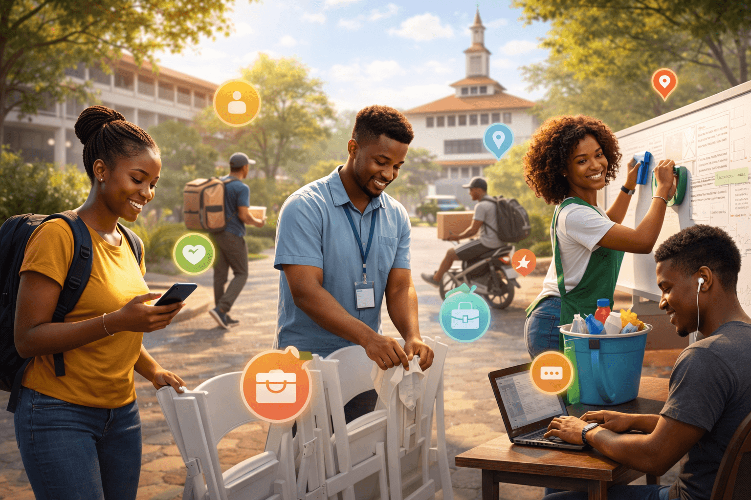 Ghanaian university students earning through campus gigs — ushering events, typing assignments, cleaning, and working on laptops